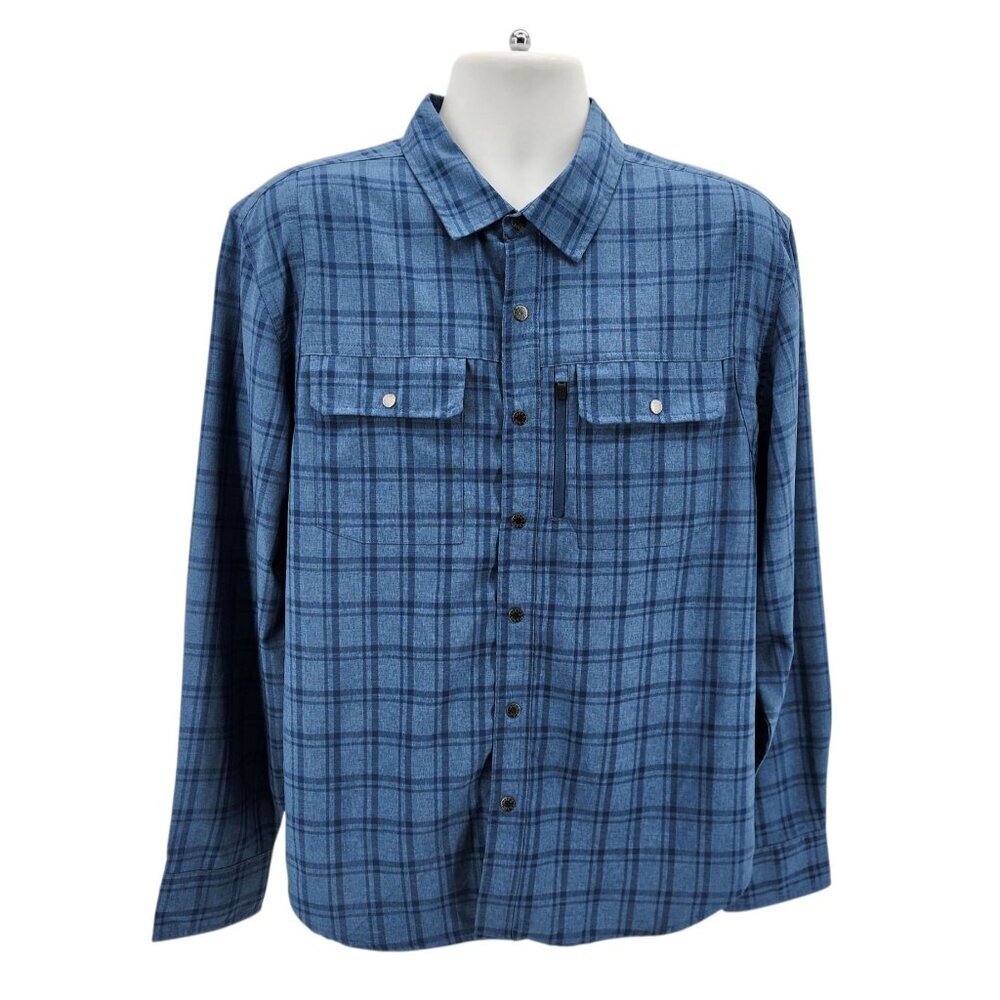 NEW Lake & Trail Mens Medium Button Shirt UPF30 Plaid Blue Snap Button Fast Dry